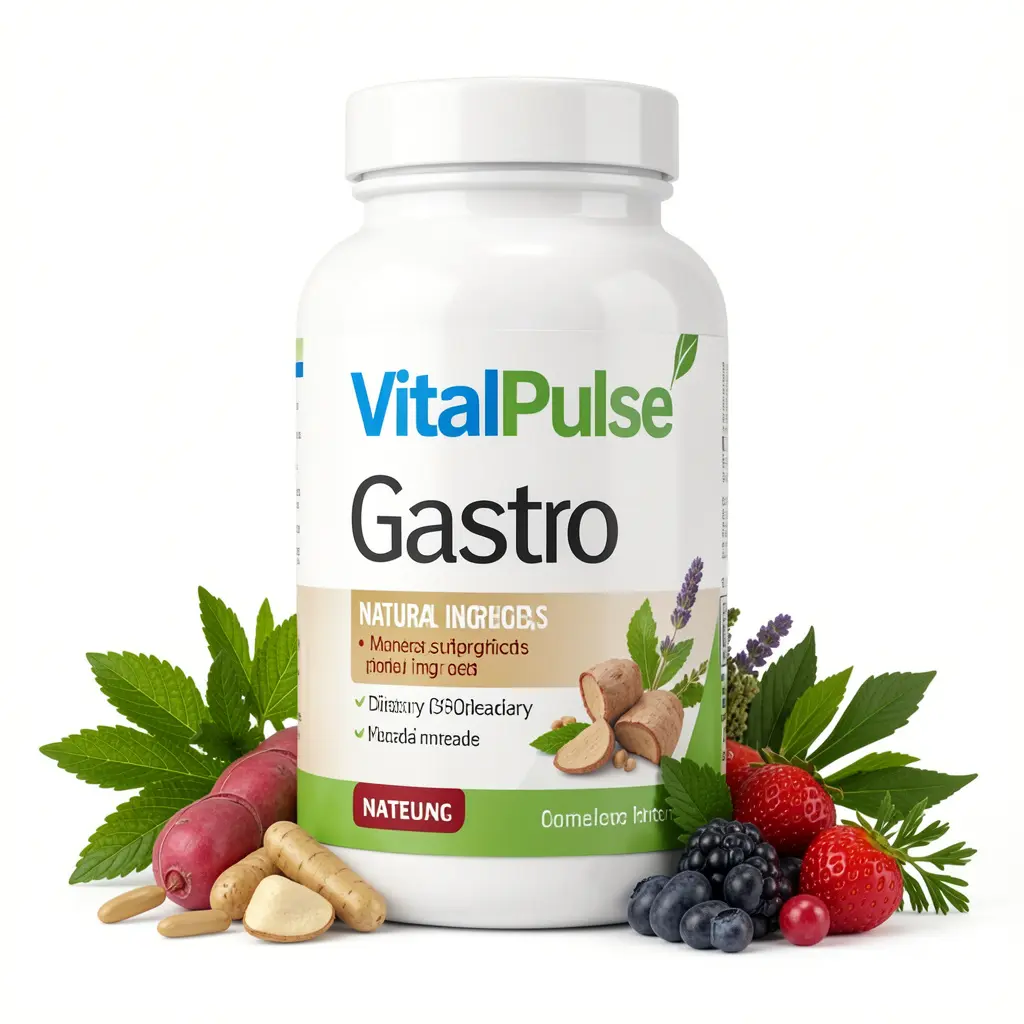 VitalPulse Gastro dietary supplement bottle with natural ingredients displayed